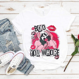 Boo You Whore Shirt, Halloween Shirt, Spooky Season, Scream Shirt, Mean Girls Shirt, We Wear pink, Horror Movie shirt, Ghost Face Shirt