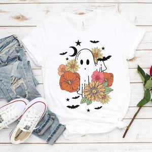 Halloween Ghost Sweatshirt, Fall Shirts, Cute Halloween Ghost Shirts, Pink Flowers Ghost Bat Tee, Floral Autumn Shirts, Rustic Halloween