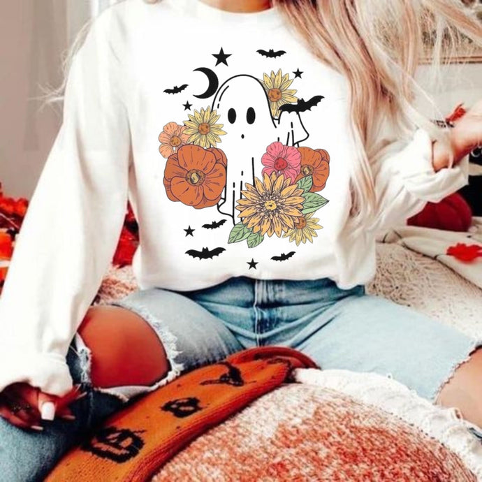 Halloween Ghost Sweatshirt, Fall Shirts, Cute Halloween Ghost Shirts, Pink Flowers Ghost Bat Tee, Floral Autumn Shirts, Rustic Halloween