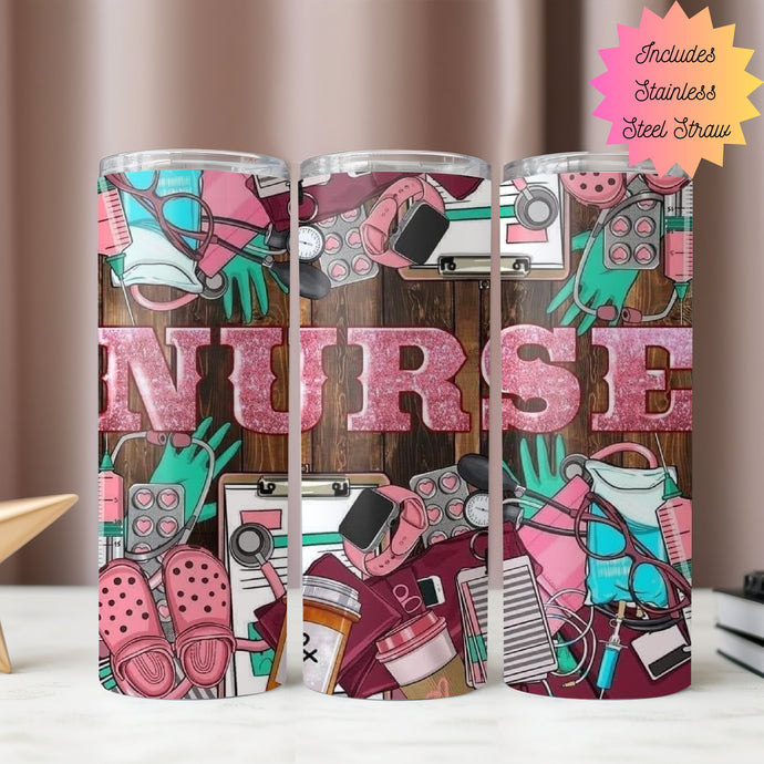 Nurse Tumbler 20oz Stainless Steel Tumbler with Straw Pink Tumbler Heartbeat NP Gift LPN RN, Nursing Student Gift, Nurse Coffee Mug, Crocs