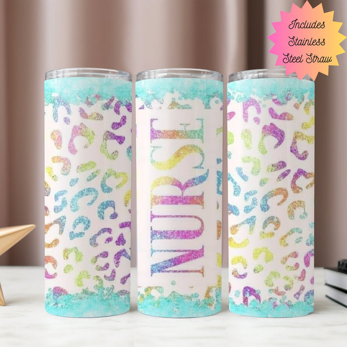 Retro Colorful Nurse Tumbler 20oz Tumbler with Straw Blue Glitter Tumbler LPN RN Gift , Nursing Student Gift, Nurse Coffee Mug, Leopard Cup