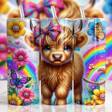 Cute Baby Cow Easter Floral Tumbler, Butterfly Highland Cow Cup, Flower Rainbow 20 oz Tumbler